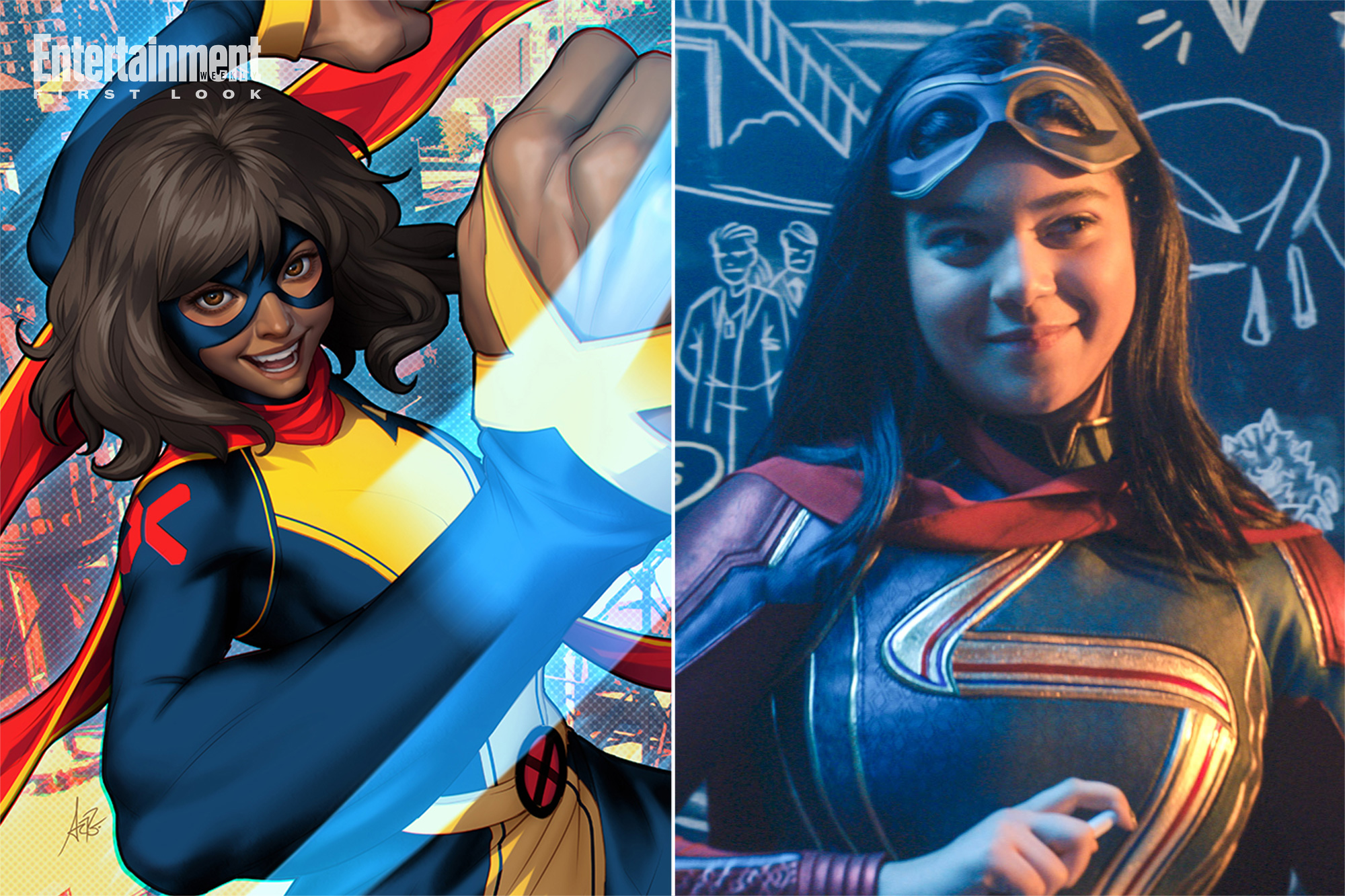 The cover of Iman Vellani's new 'Ms. Marvel' comic, and how she appears on the 'Ms. Marvel' TV series