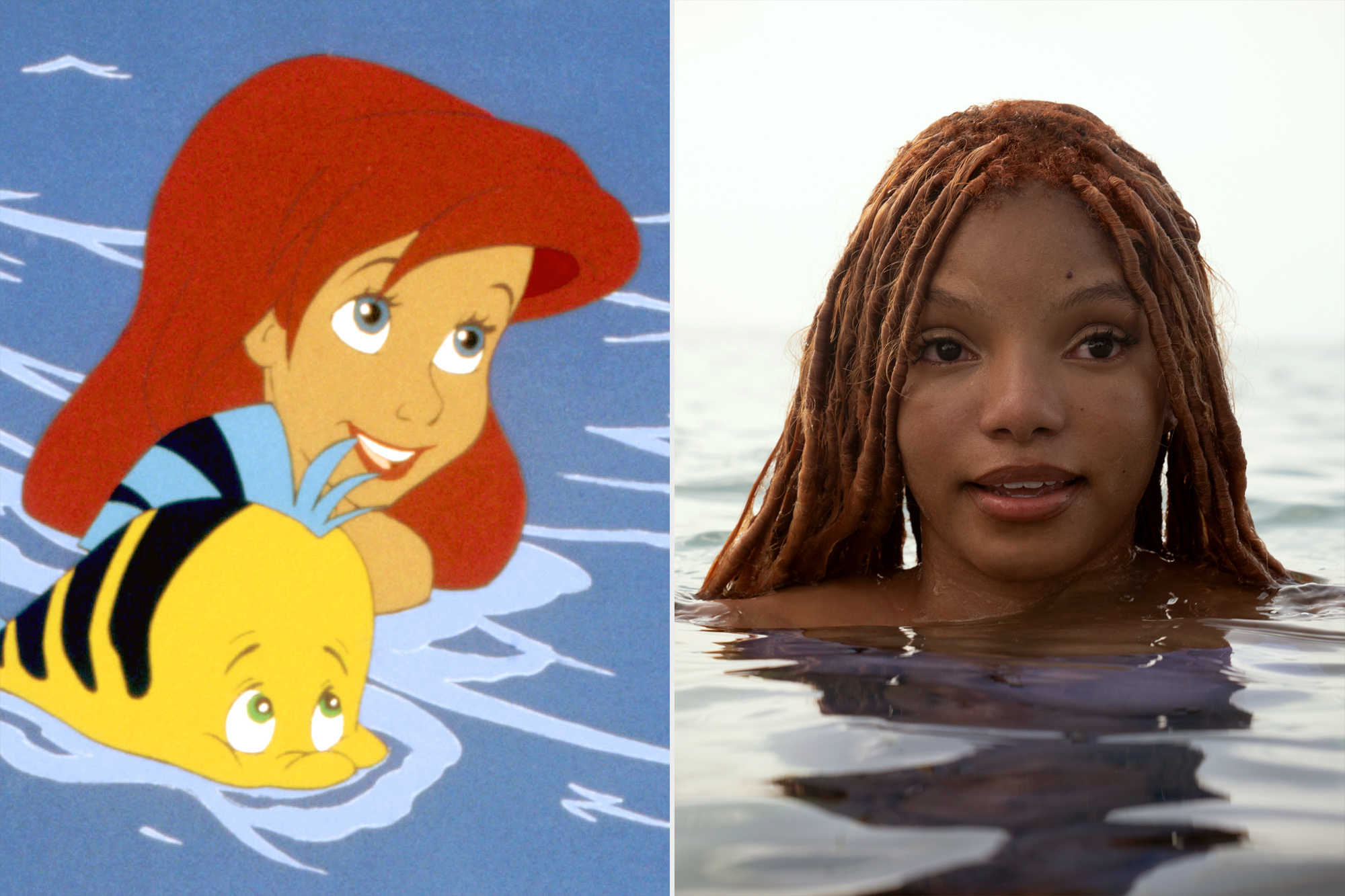 THE LITTLE MERMAID, Flounder, Ariel, Sebastian, 1989, (c)Walt Disney Pictures/courtesy Everett Collection ; Halle Bailey as Ariel in Disney's live-action THE LITTLE MERMAID. Photo by Giles Keyte. © 2023 Disney Enterprises, Inc. All Rights Reserved.