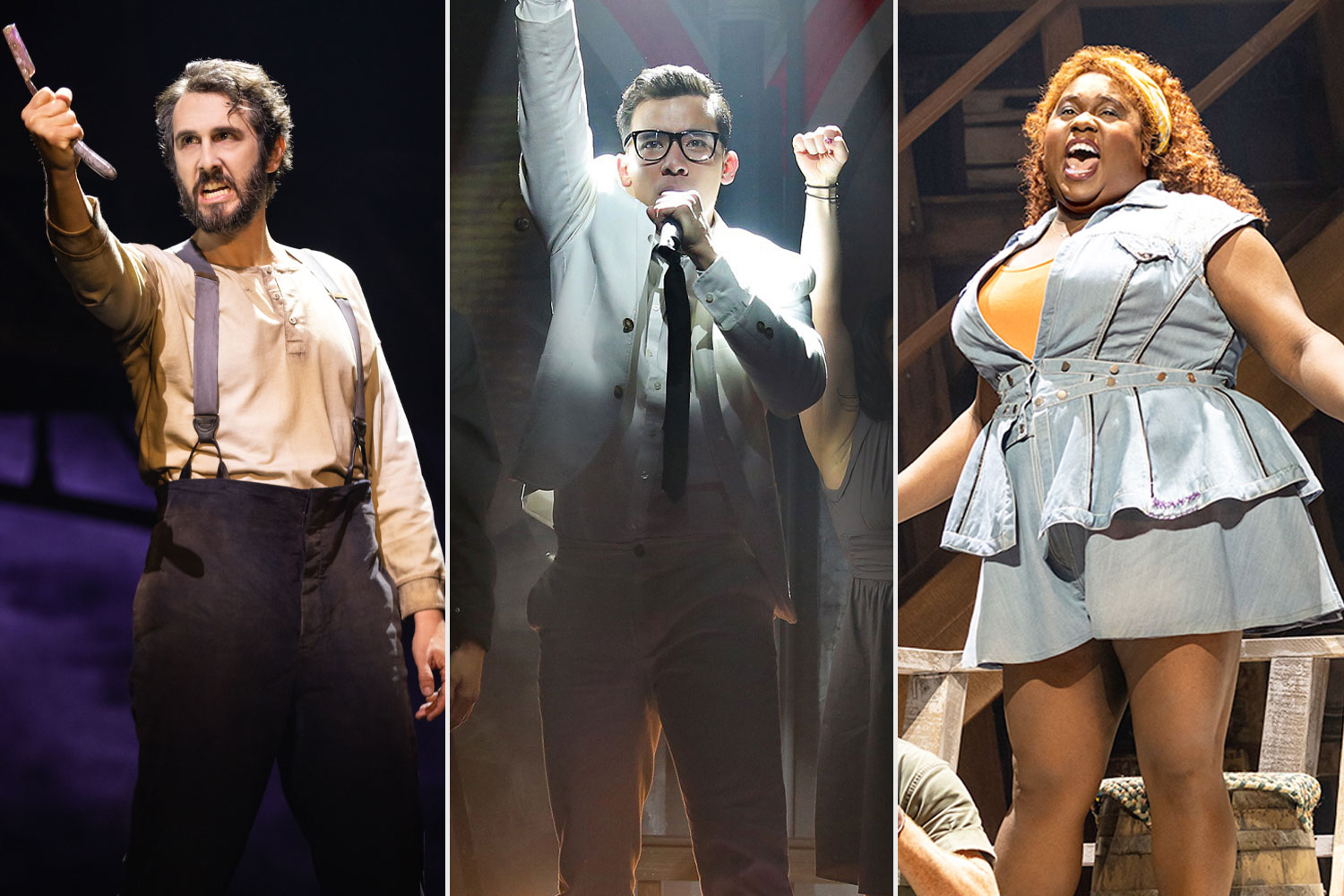 Josh Groban in Sweeney, Conrad Ricamora in Here Lies Love, and Alex Newell in Shucked