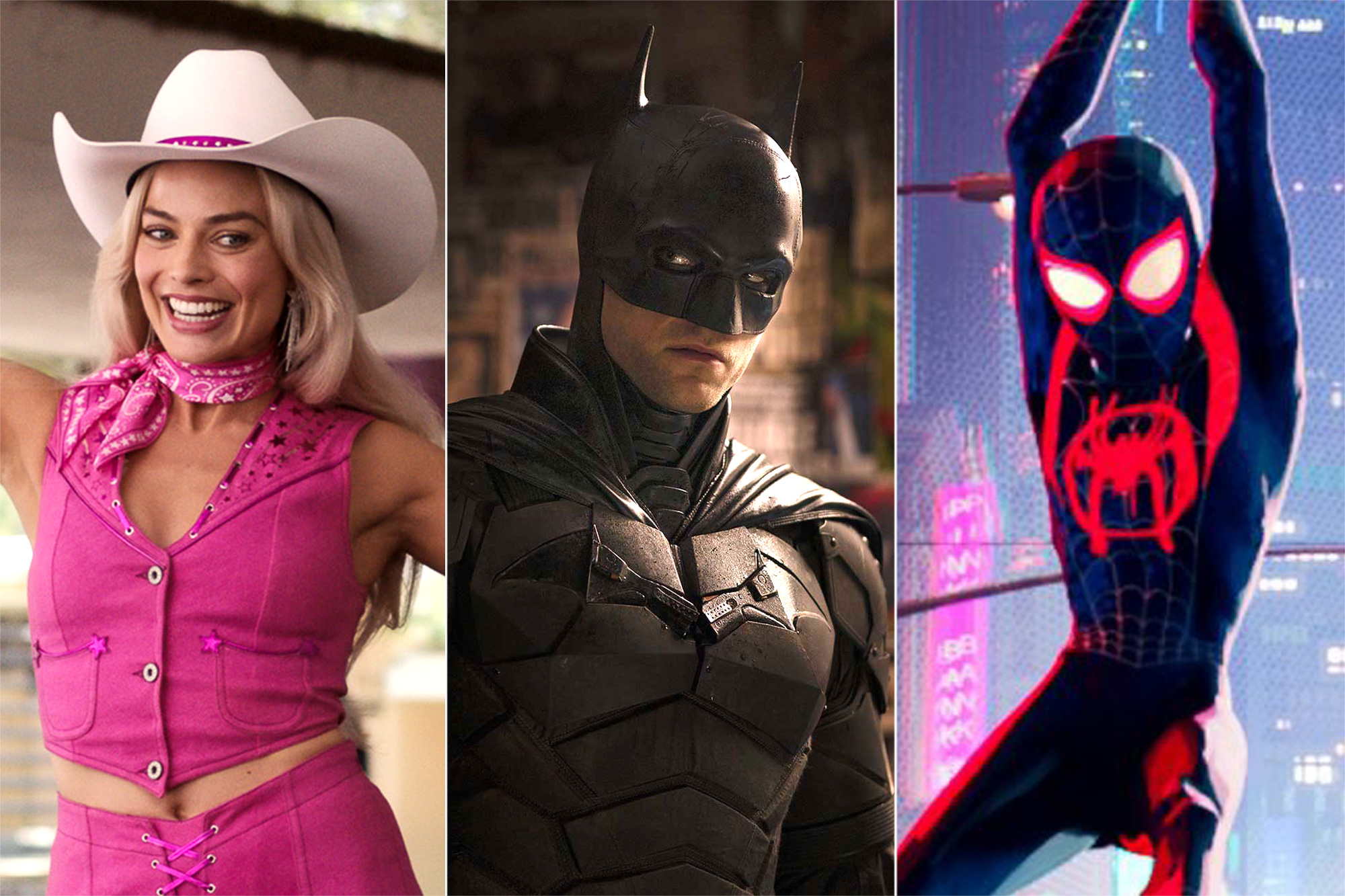 Margot Robbie in Barbie, Robert Pattinson in The Batman, Spider Man in Into the Spider Verse.