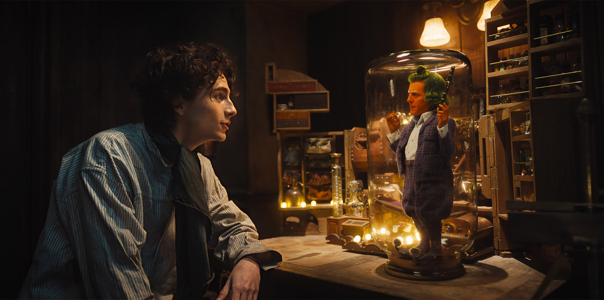 Timothée Chalamet's Willy Wonka and Hugh Grant's Oompa Loompa in 'Wonka'