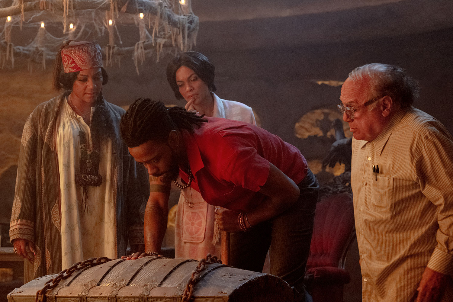 (L-R): Tiffany Haddish as Harriet, Rosario Dawson as Gabbie, LaKeith Stanfield as Ben, and Danny DeVito as Bruce in Disney's live-action HAUNTED MANSION. Photo by Jalen Marlowe. © 2023 Disney Enterprises, Inc. All Rights Reserved.