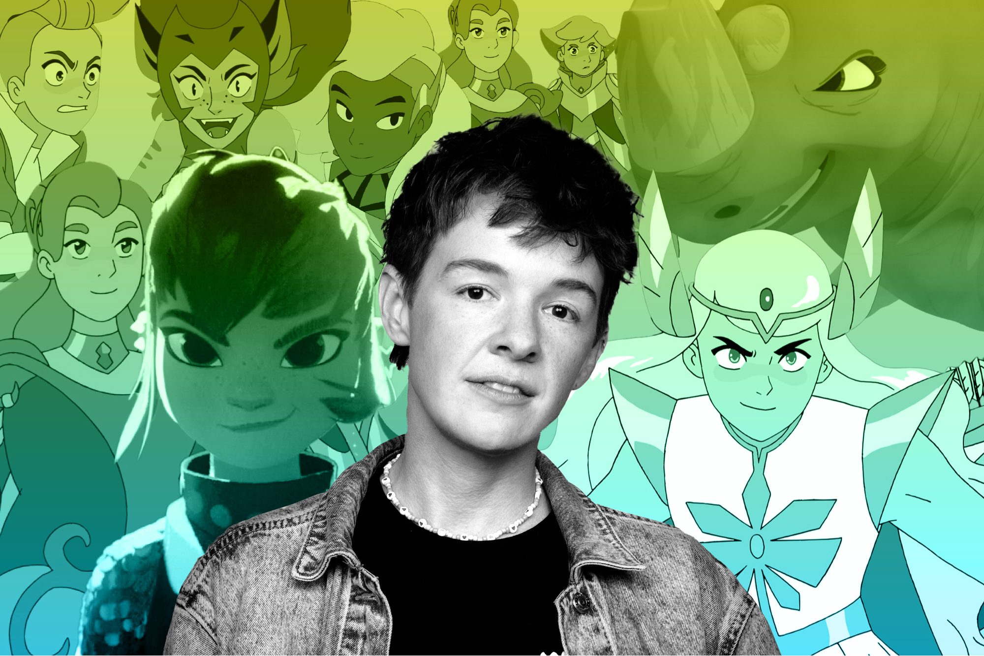 ND Stevenson surrounded by characters from Nimona and She-Ra