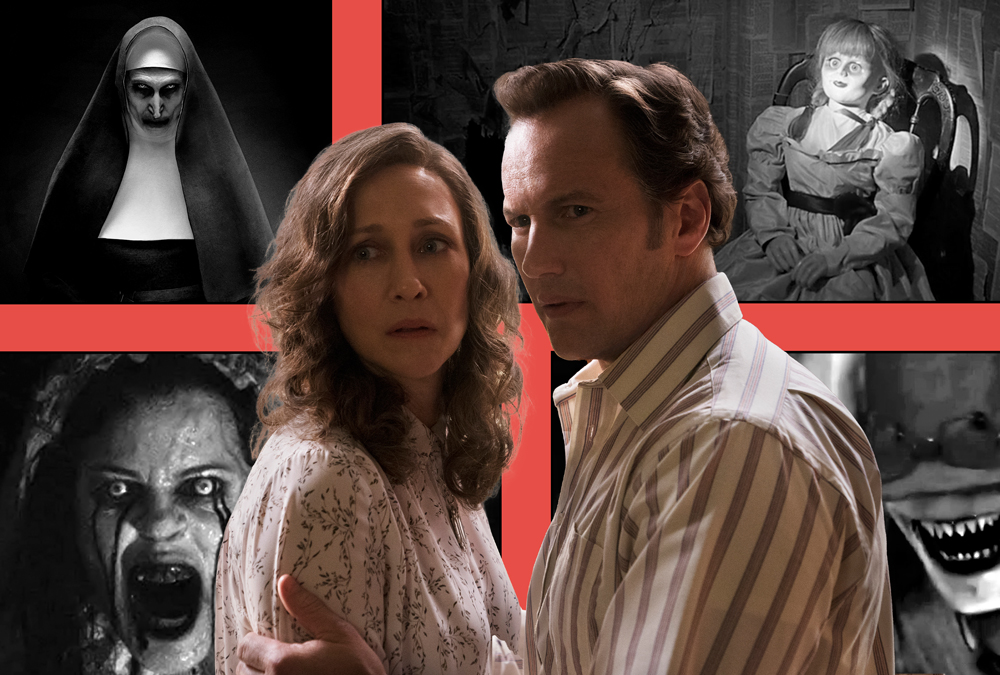 Vera Farmiga and Patrick Wilson as Ed and Lorraine Warren in The Conjuring, surrounded by Annabelle the doll, The Nun, the Crooked Man in The Conjuring 2, La Llorona